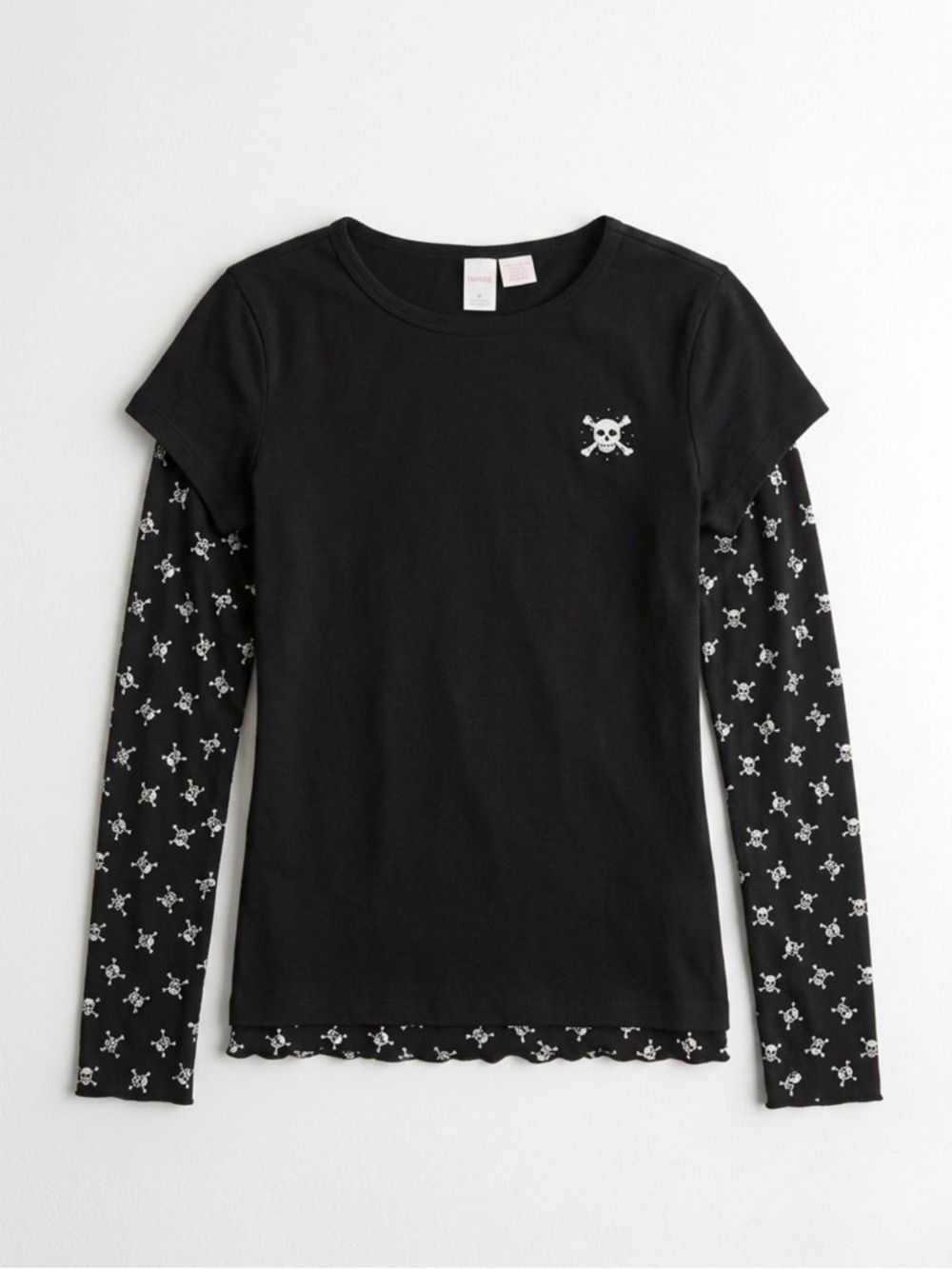Vintage Y2K Route Black Skull Graphic Layered-Look Long Sleeve Top - Medium